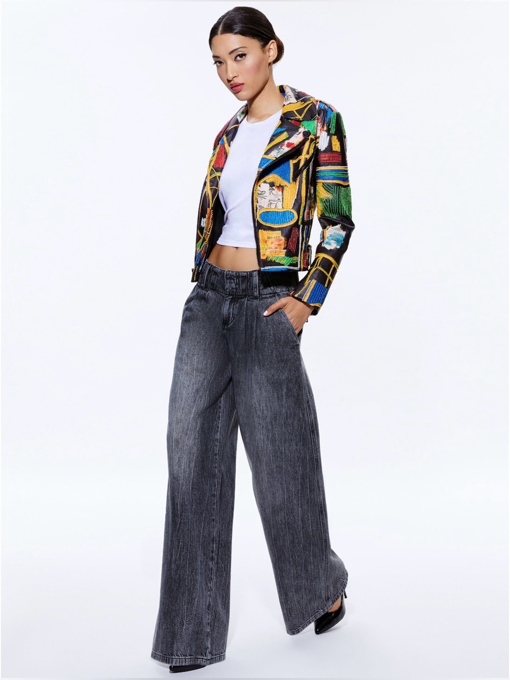 Alice + Olivia X Basquiat Cody Embellished Leather Jacket In Liberty. Size XS - Picture 6 of 17
